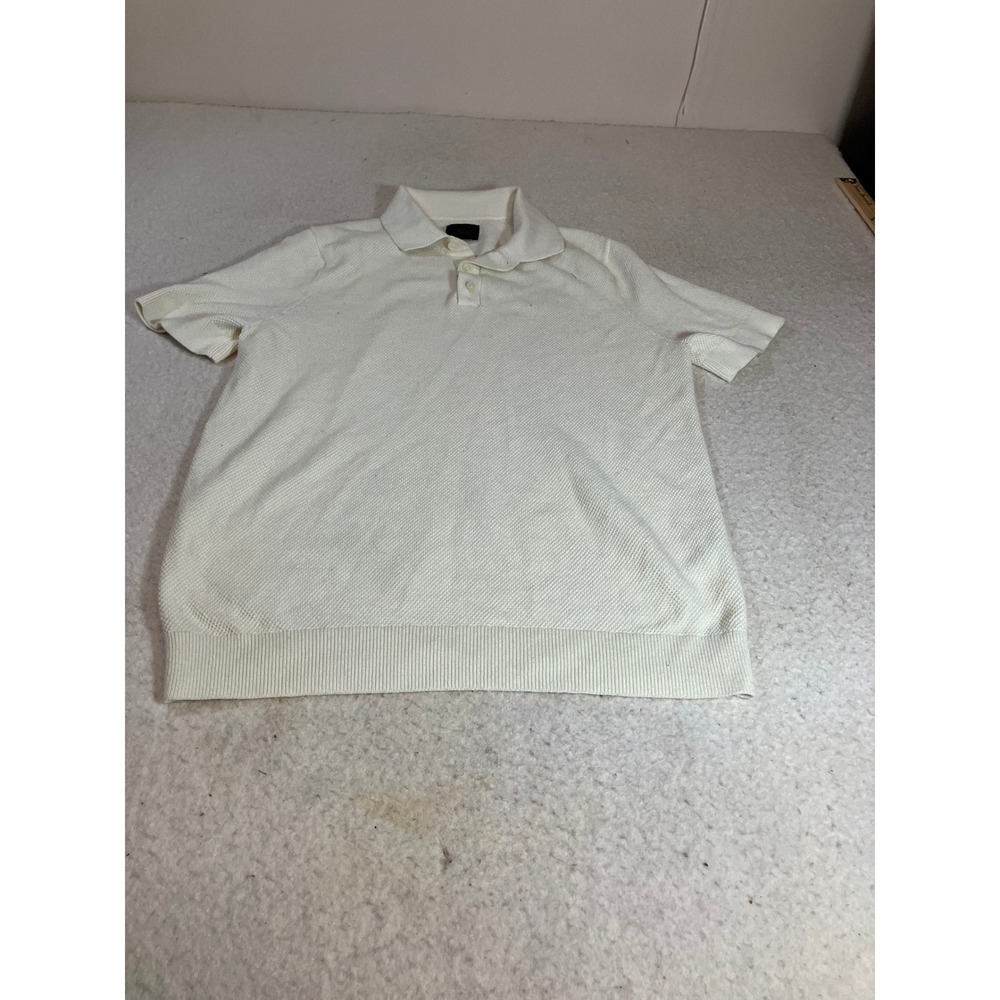 14th & Union Mens Medium Cream Textured Knit Short Sleeve V-Neck Polo Shirt